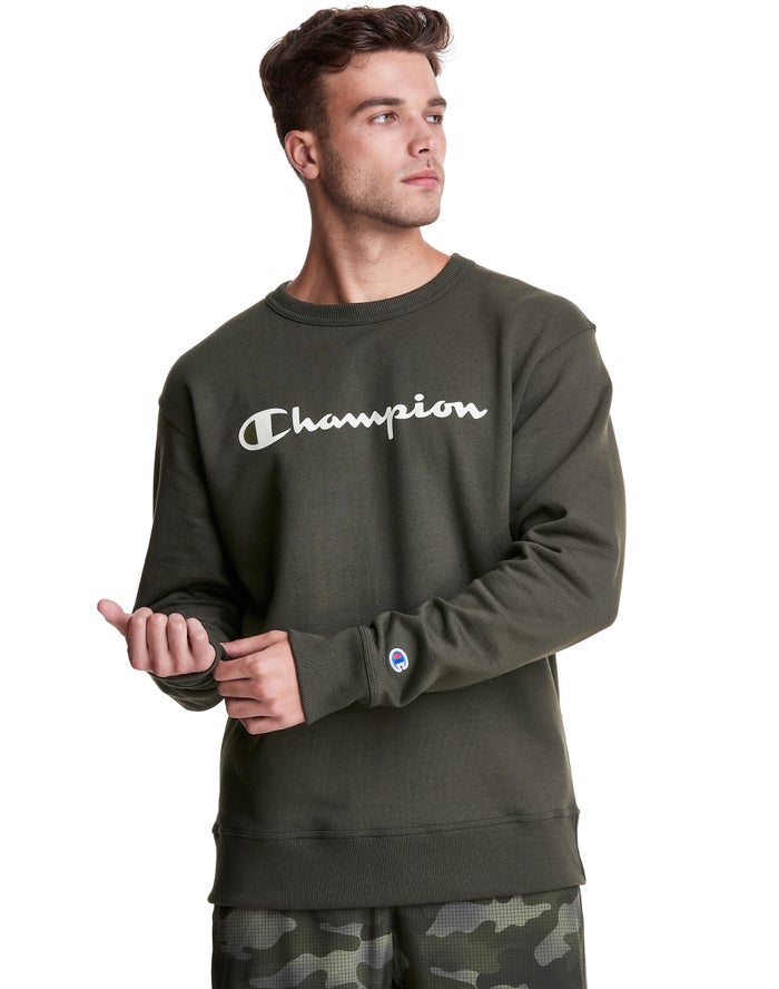 Champion Herre Sweatshirt Grøn - Powerblend Fleece Crew Script Logo - Danmark DTF-324859